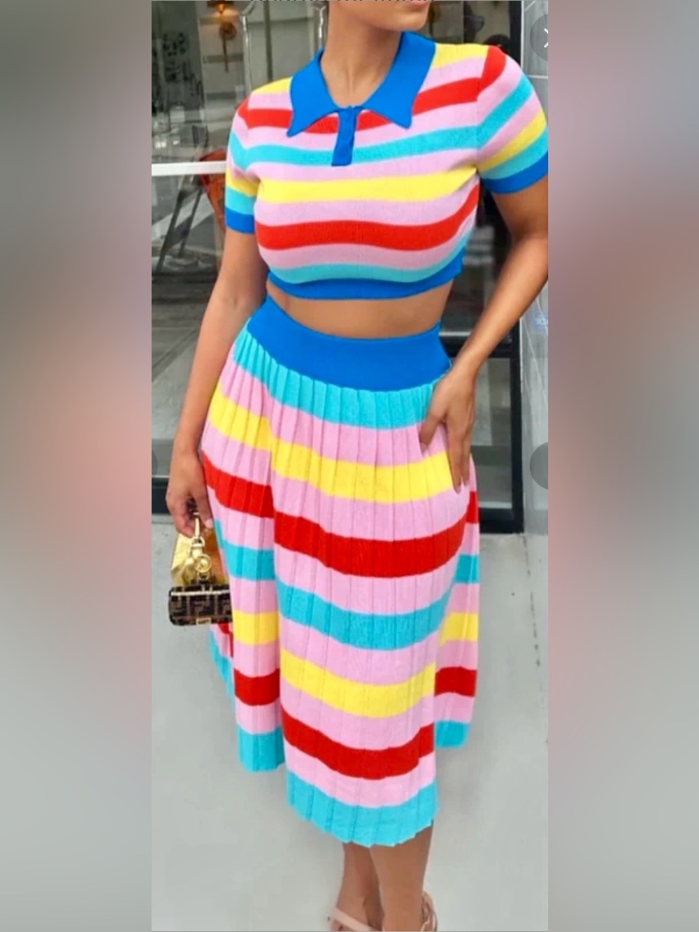Striped Knit Maxi Skirt Set in Pink, Red, Yellow & Blue